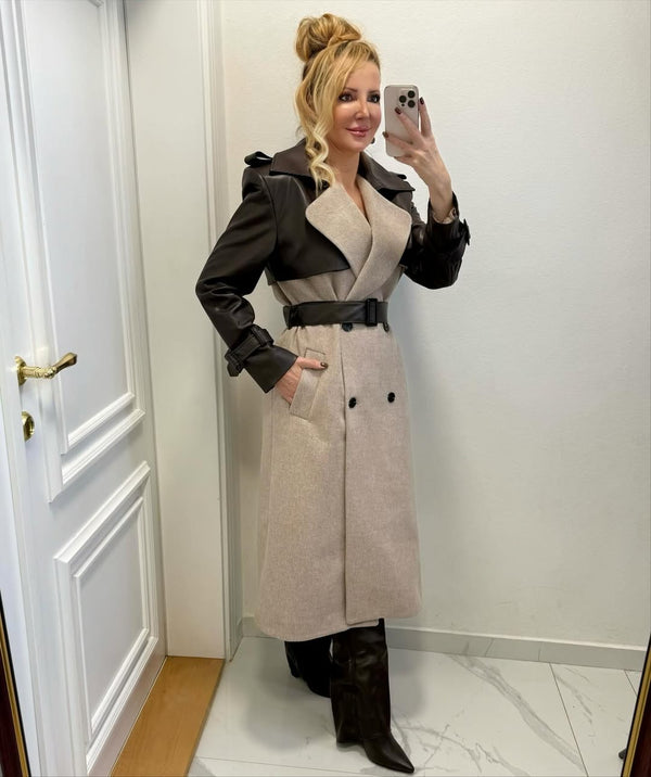 جكيت جوخ طويل بأكمام جلد