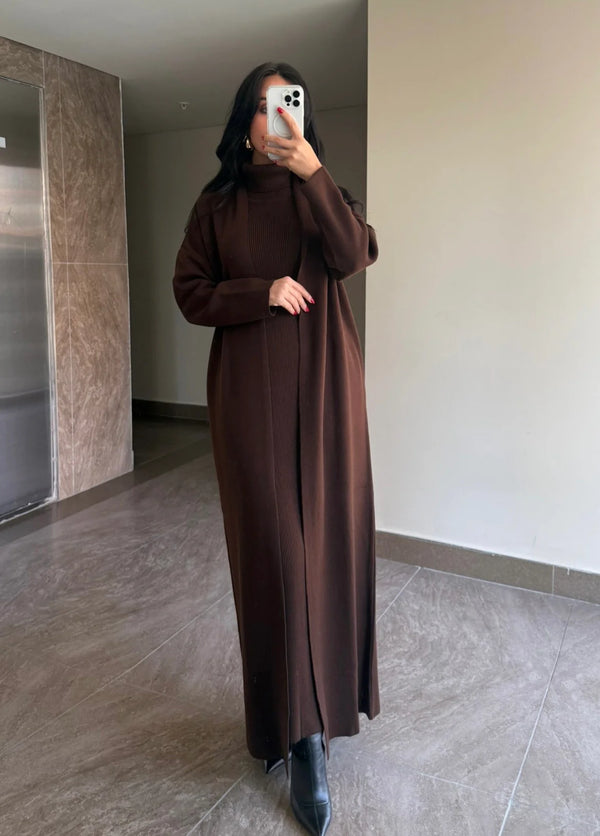 طقم قطعتين فستان و كارديجان - بني