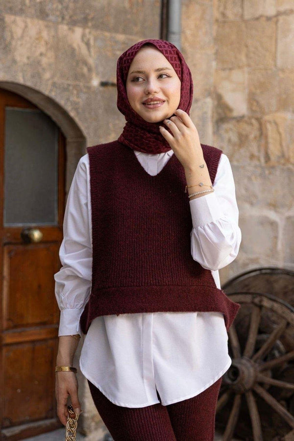 طقم صوف ثلاث قطع - برغندي