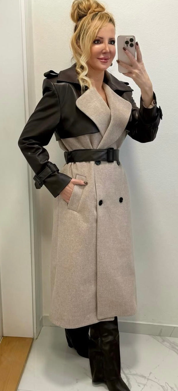 جكيت جوخ طويل بأكمام جلد