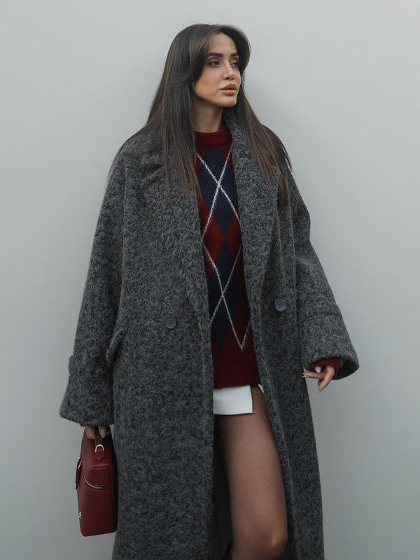 جكيت صوف طويل باللون الرمادي