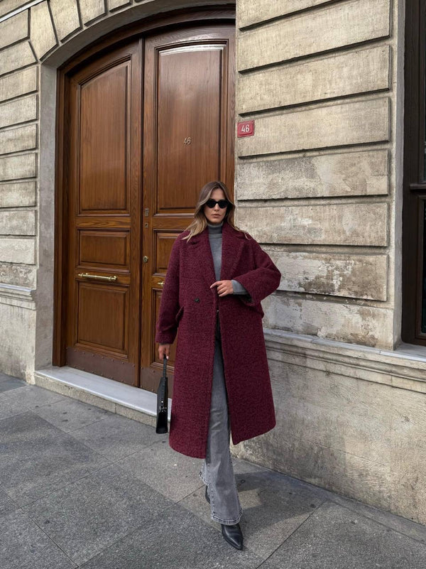 جكيت صوف طويل باللون الخمري