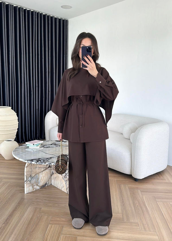 طقم قطعتين مع بنطلون Palazzo- بني