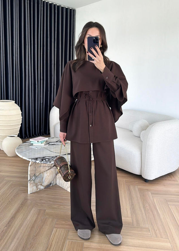 طقم قطعتين مع بنطلون Palazzo- بني