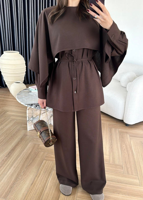 طقم قطعتين مع بنطلون Palazzo- بني