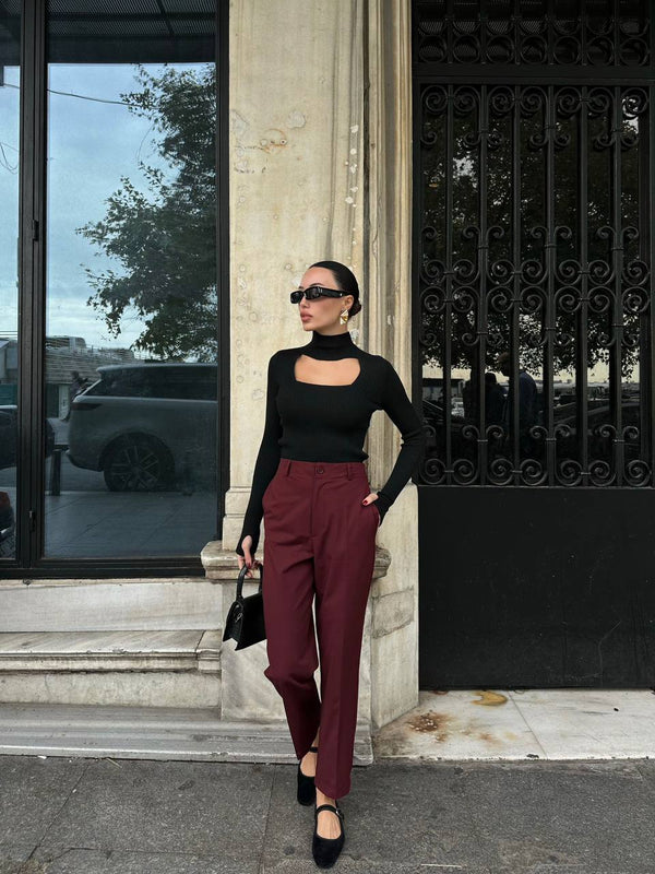 بنطلون قماش ريجيولار برغندي - Sateen style