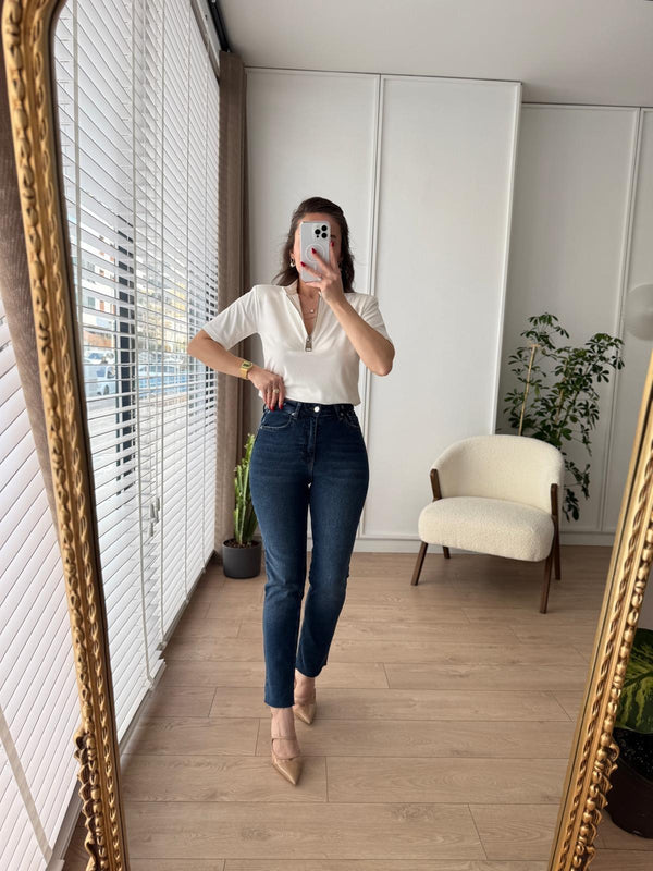 بنطلون Mom جينز ازرق غامق - Sateen style