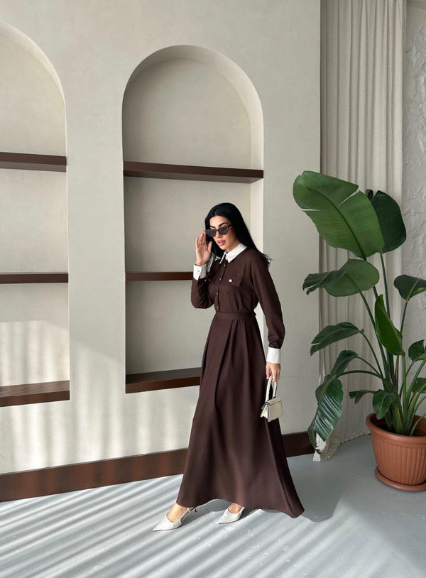 فستان قصة فرنسية بني 6001 - Sateen style