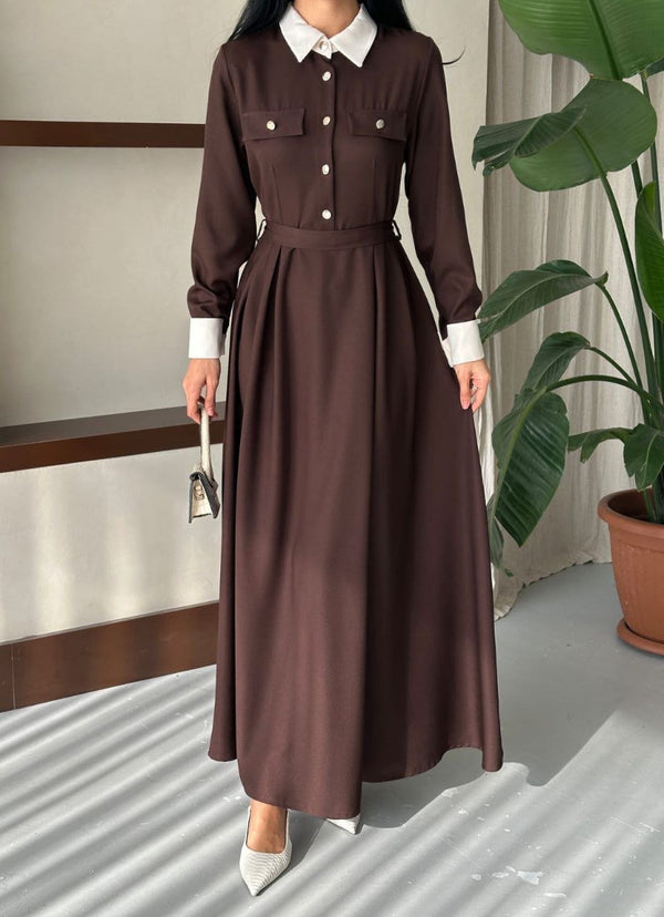 فستان قصة فرنسية بني 6001 - Sateen style