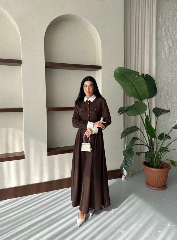 فستان قصة فرنسية بني 6001 - Sateen style