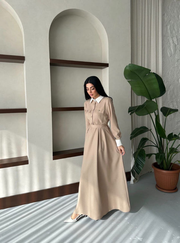 فستان قصة فرنسية بيج 6001 - Sateen style