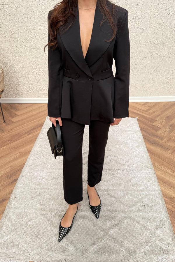 طقم Volanlı جكيت وبنطلون - اسود - Sateen style