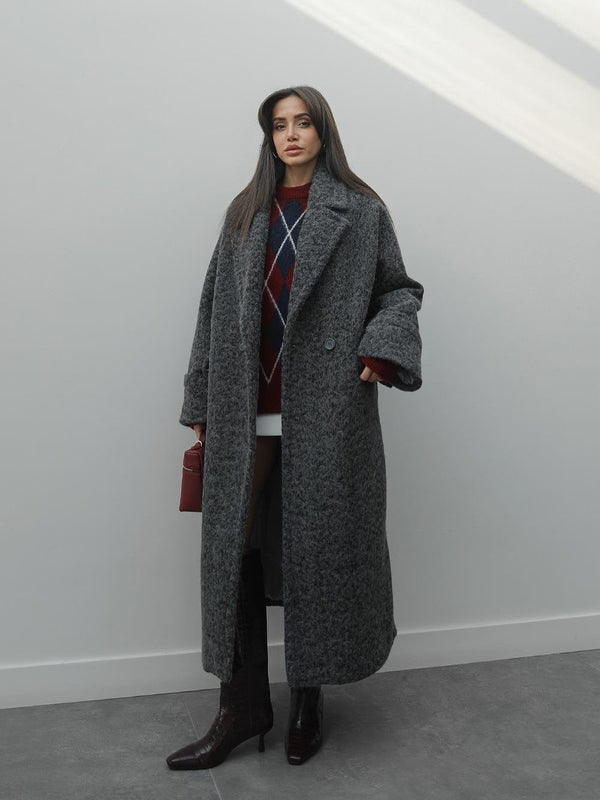 جكيت صوف طويل باللون الرمادي