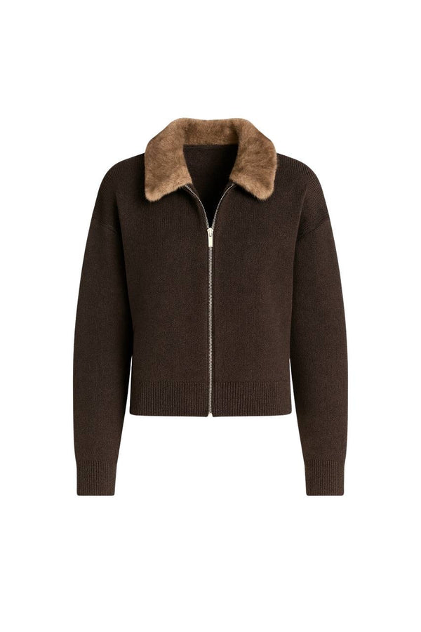 كنزة تريكو بسحاب مع ياقة فرو أنيقة