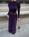 فستان بنفسجي ملكي مع شال كتف مدمج