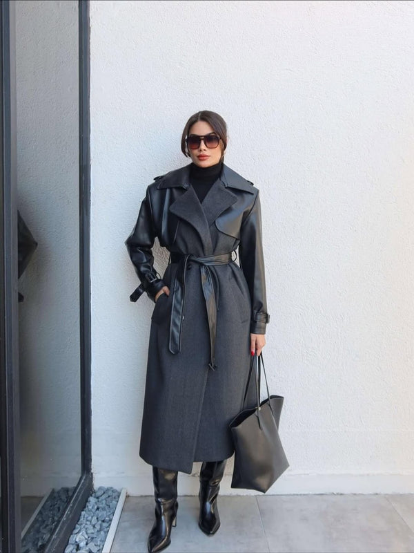 جكيت جوخ طويل بأكمام جلد