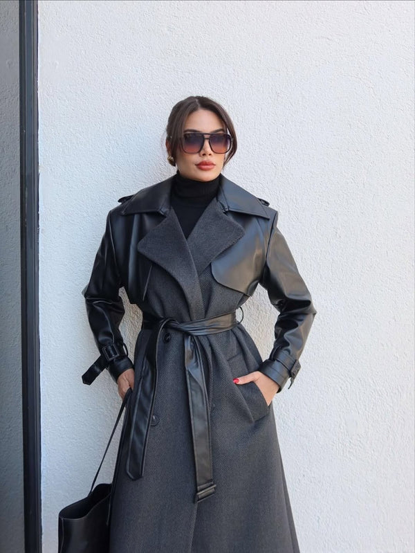 جكيت جوخ طويل بأكمام جلد