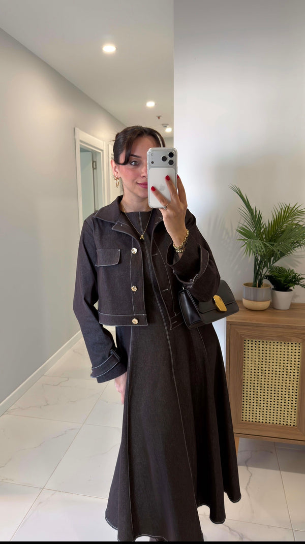 طقم فستان جينز بني