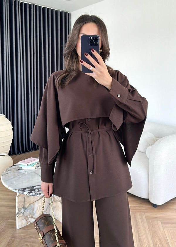 طقم قطعتين مع بنطلون Palazzo- بني