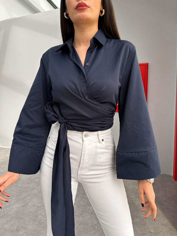 قميص مع ربطة جانبية كحلي - Sateen style