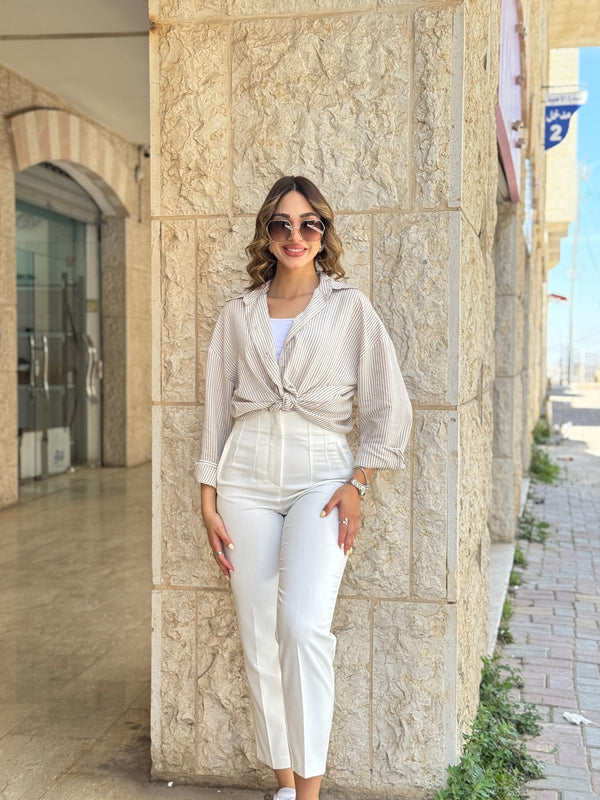 قميص مقلم بيج - Sateen style