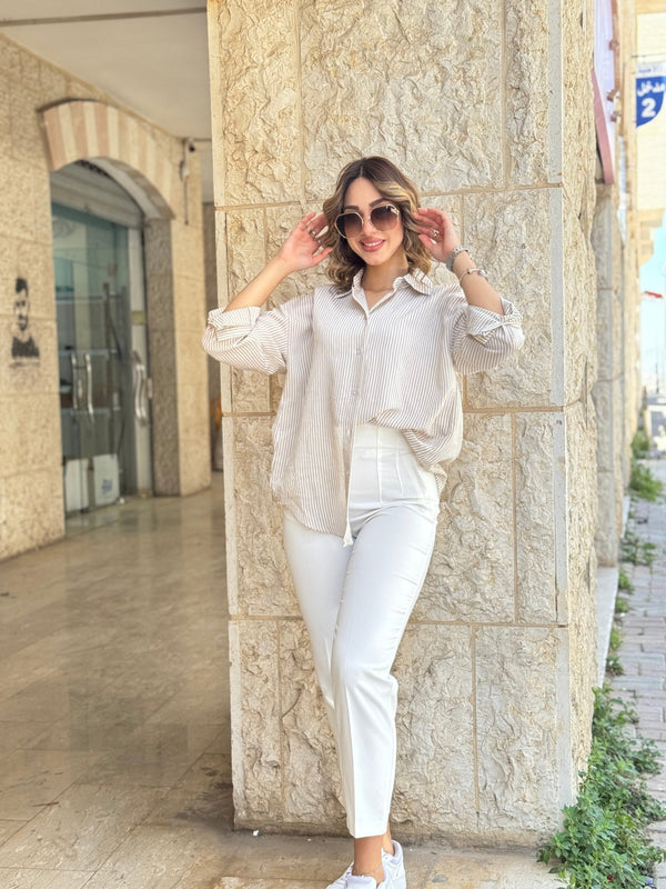 قميص مقلم بيج - Sateen style