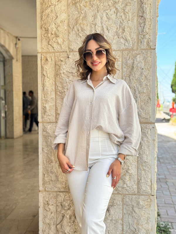 قميص مقلم بيج - Sateen style
