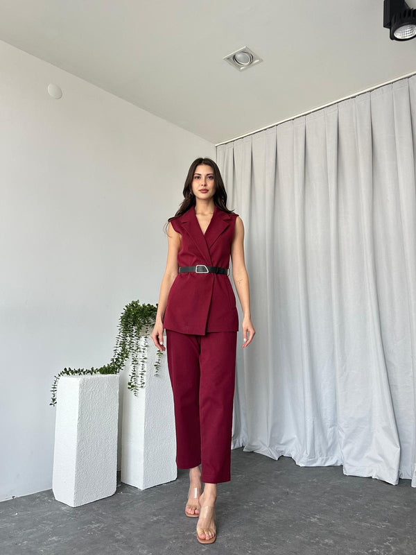 طقم فيست كتان صيفي مع كمر - Sateen style